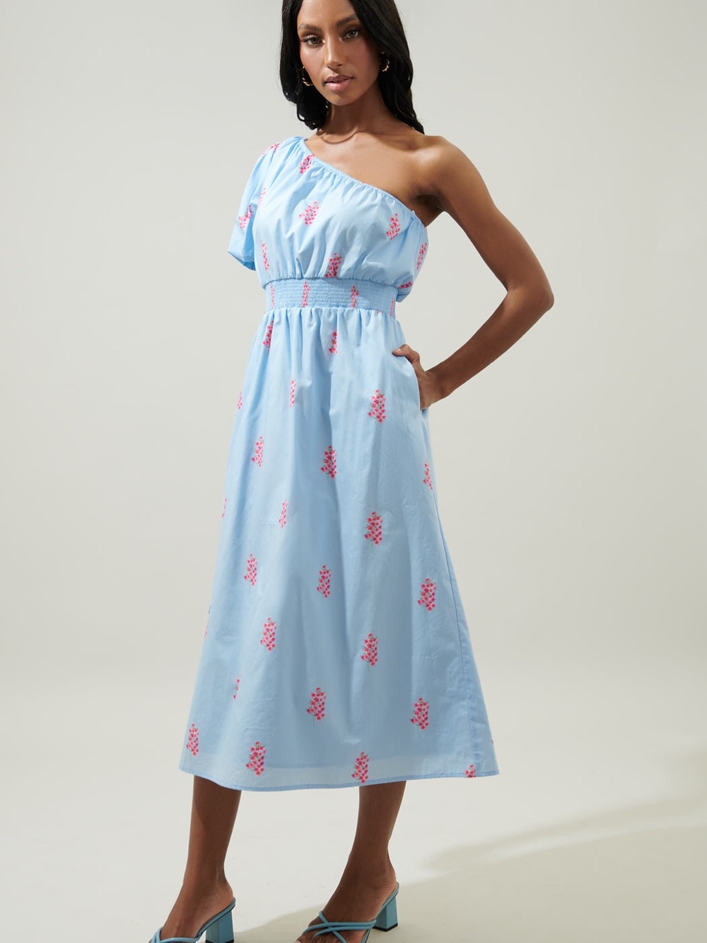 Sugarlips Ice Cream 🍨 Dream Light Blue One-Shoulder Floral Midi Dress 👗 - Sz M